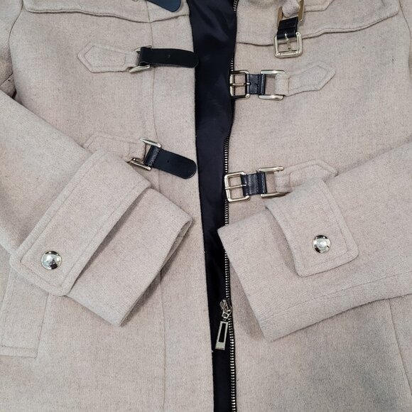 Zara Woman Tan Gold Buckle Full Zip Hooded Pockets Lined Jacket Size Small S - Picture 7 of 15